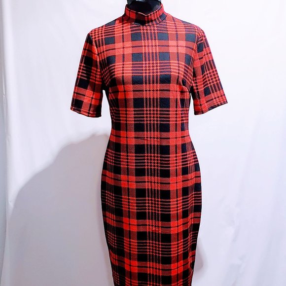 🆕Red & Black Tartan print Body-con dress size XL - Picture 2 of 7